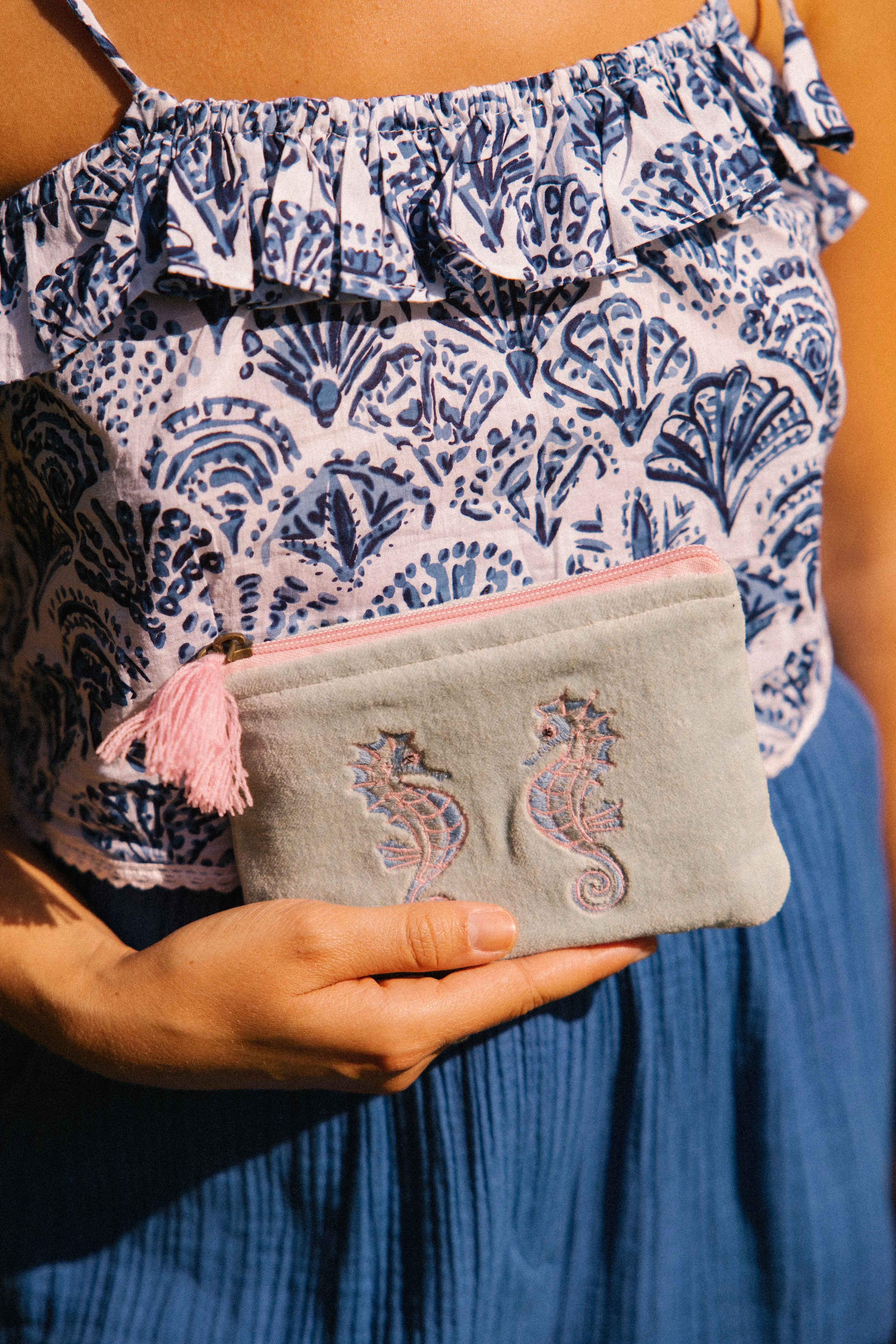 Velvet Seahorse Pouch in  Aqua & Pink