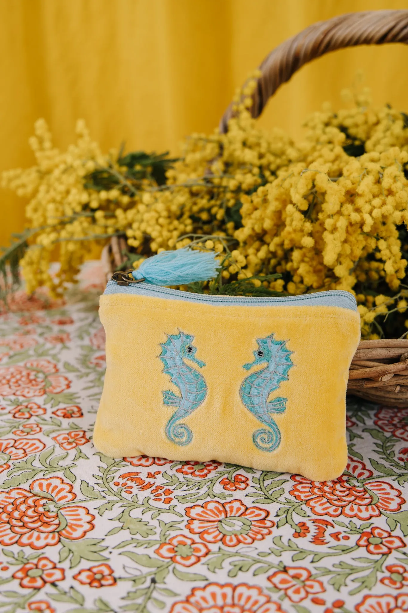 Velvet Seahorse Pouch in Yellow & Turquoise