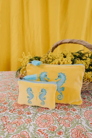 Velvet Seahorse Pouch in Yellow & Turquoise