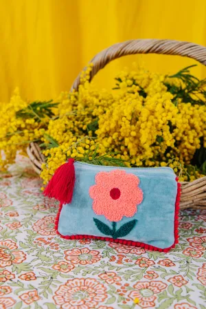 Velvet Single Flower Pouch in Aqua & Pink