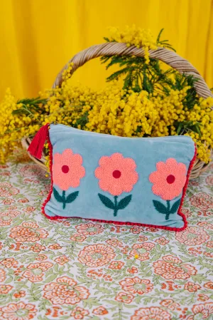 Velvet Triple Flower Pouch in  Aqua & Pink
