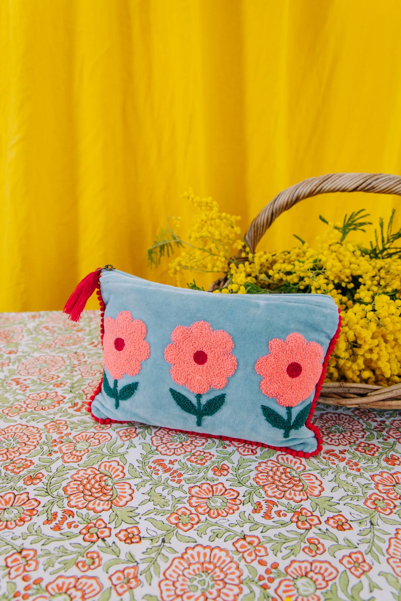 Velvet Triple Flower Pouch in  Aqua & Pink