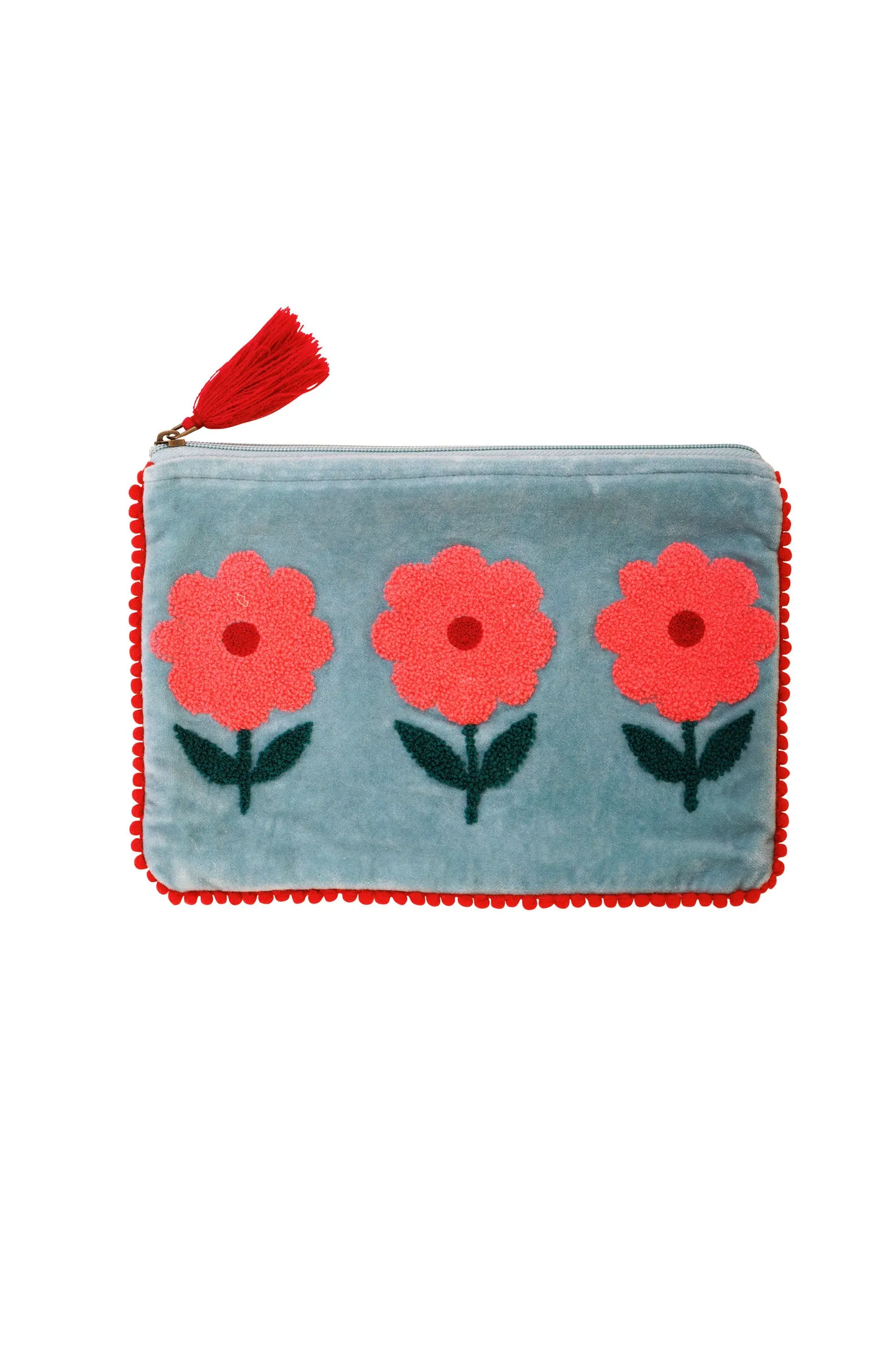 Velvet Triple Flower Pouch in  Aqua & Pink