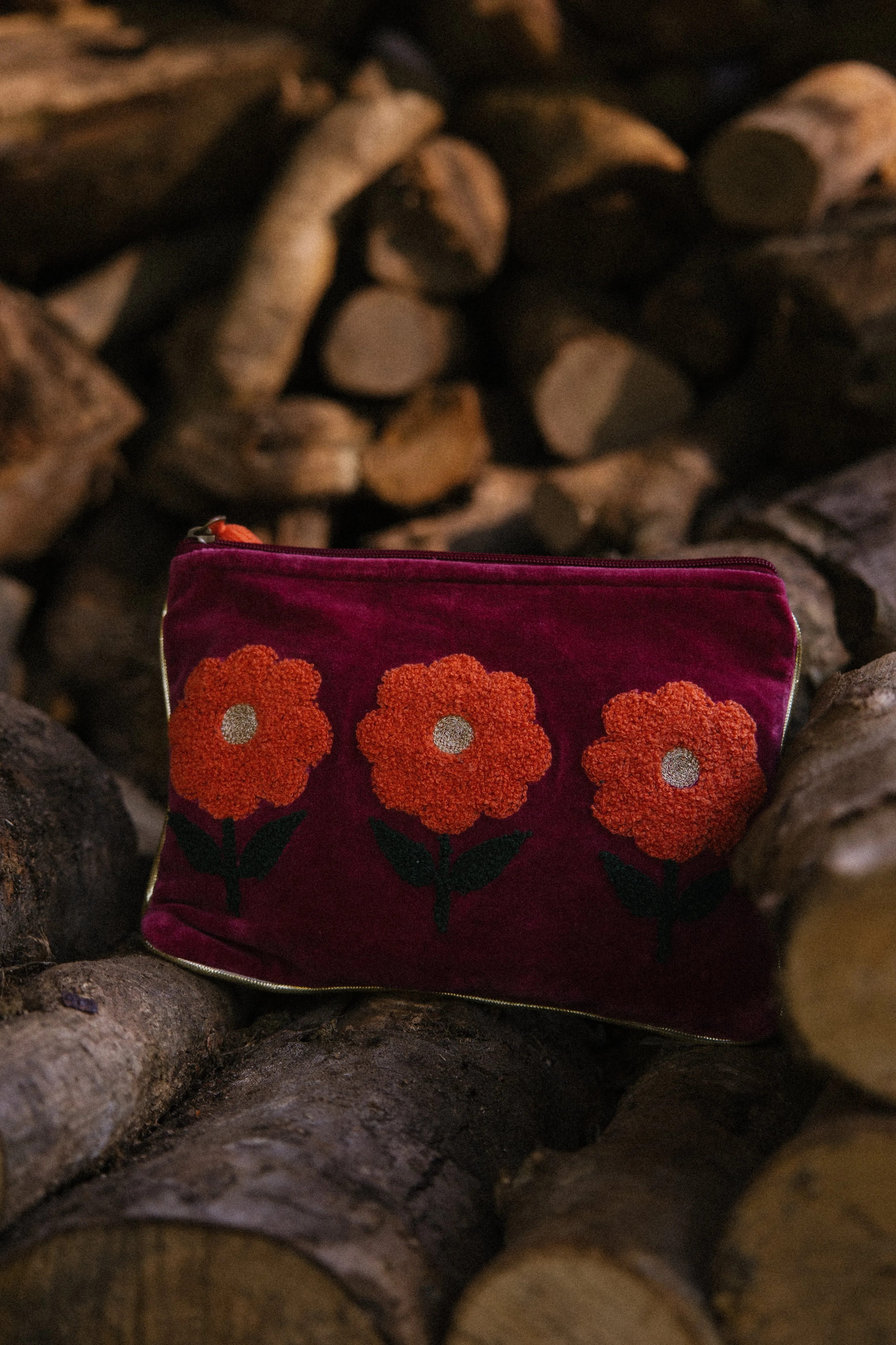 Velvet Triple Flower Pouch in Burgundy