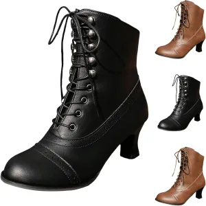Victorian Boots for Women Lace Up Boots with Side Zipper Chunky Mid Heel Short Booties Mid Calf Vintage Dress Shoes