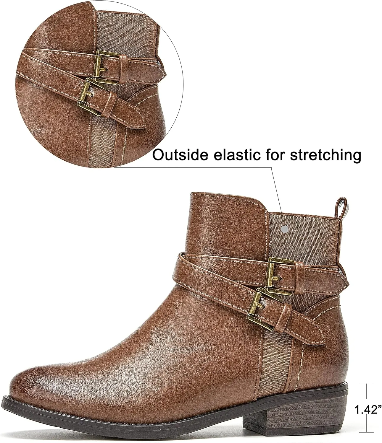 VJH confort Women's Ankle Boots,Round Toe Low Heel Comfort Elastic Booties with Side Zipper Buckle Strap
