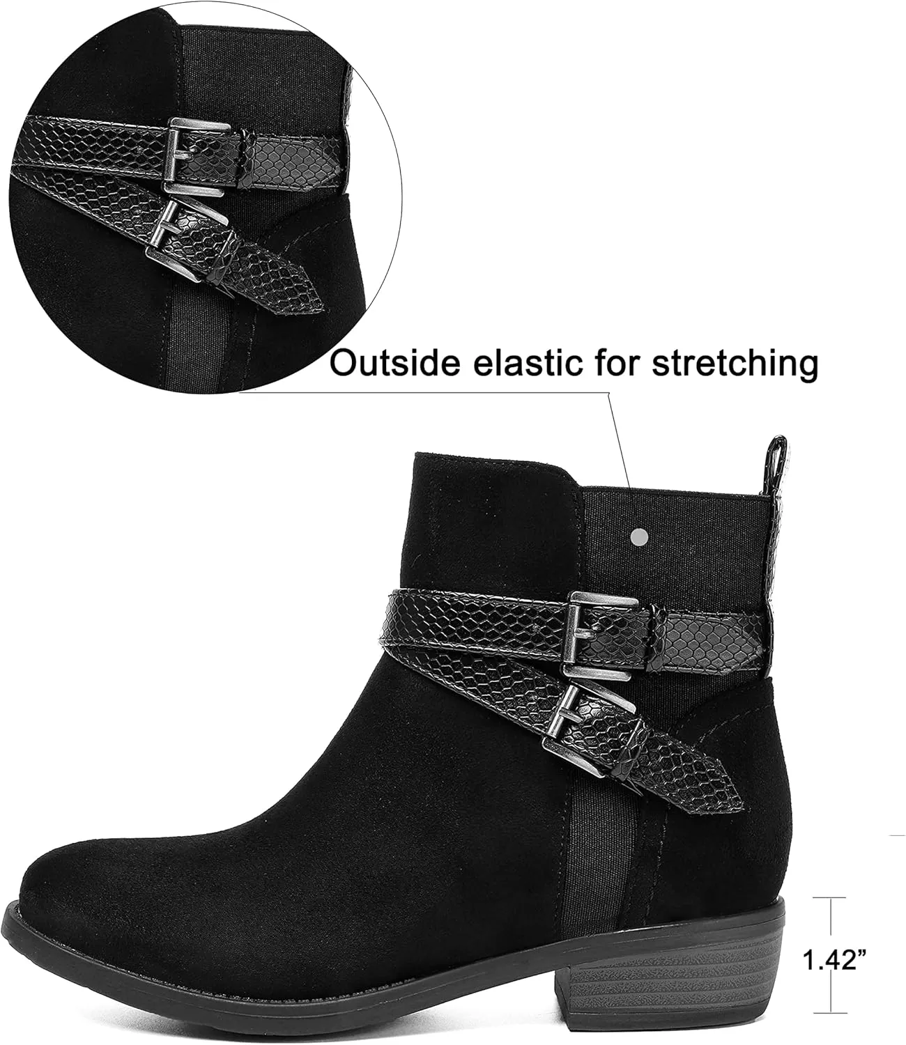 VJH confort Women's Ankle Boots,Round Toe Low Heel Comfort Elastic Booties with Side Zipper Buckle Strap
