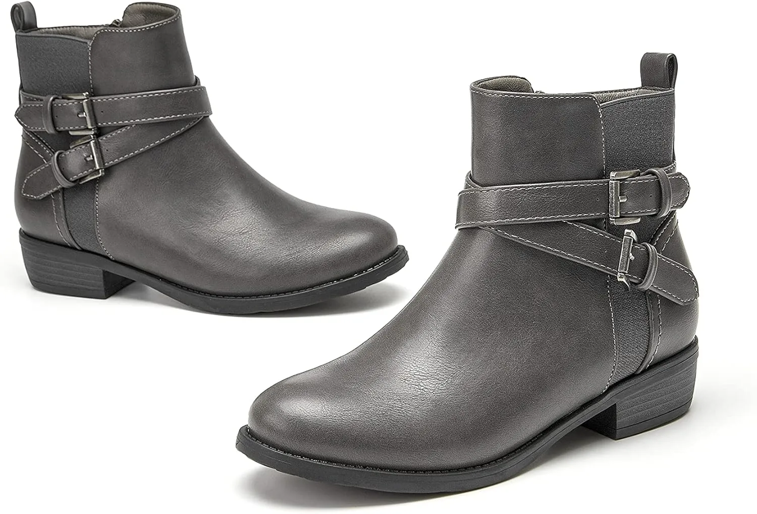 VJH confort Women's Ankle Boots,Round Toe Low Heel Comfort Elastic Booties with Side Zipper Buckle Strap