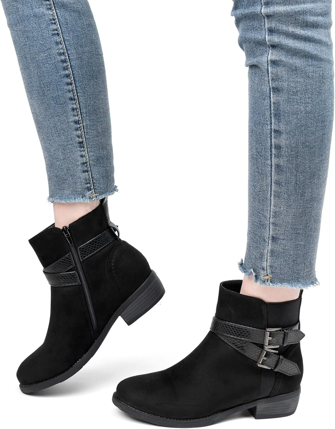 VJH confort Women's Ankle Boots,Round Toe Low Heel Comfort Elastic Booties with Side Zipper Buckle Strap