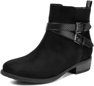 VJH confort Women's Ankle Boots,Round Toe Low Heel Comfort Elastic Booties with Side Zipper Buckle Strap