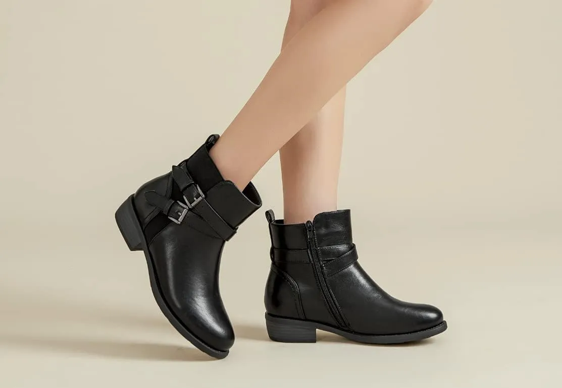 VJH confort Women's Ankle Boots,Round Toe Low Heel Comfort Elastic Booties with Side Zipper Buckle Strap