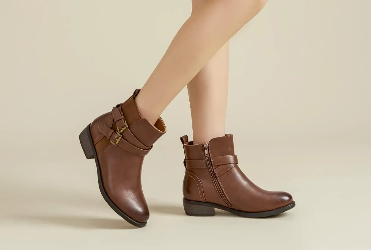 VJH confort Women's Ankle Boots,Round Toe Low Heel Comfort Elastic Booties with Side Zipper Buckle Strap