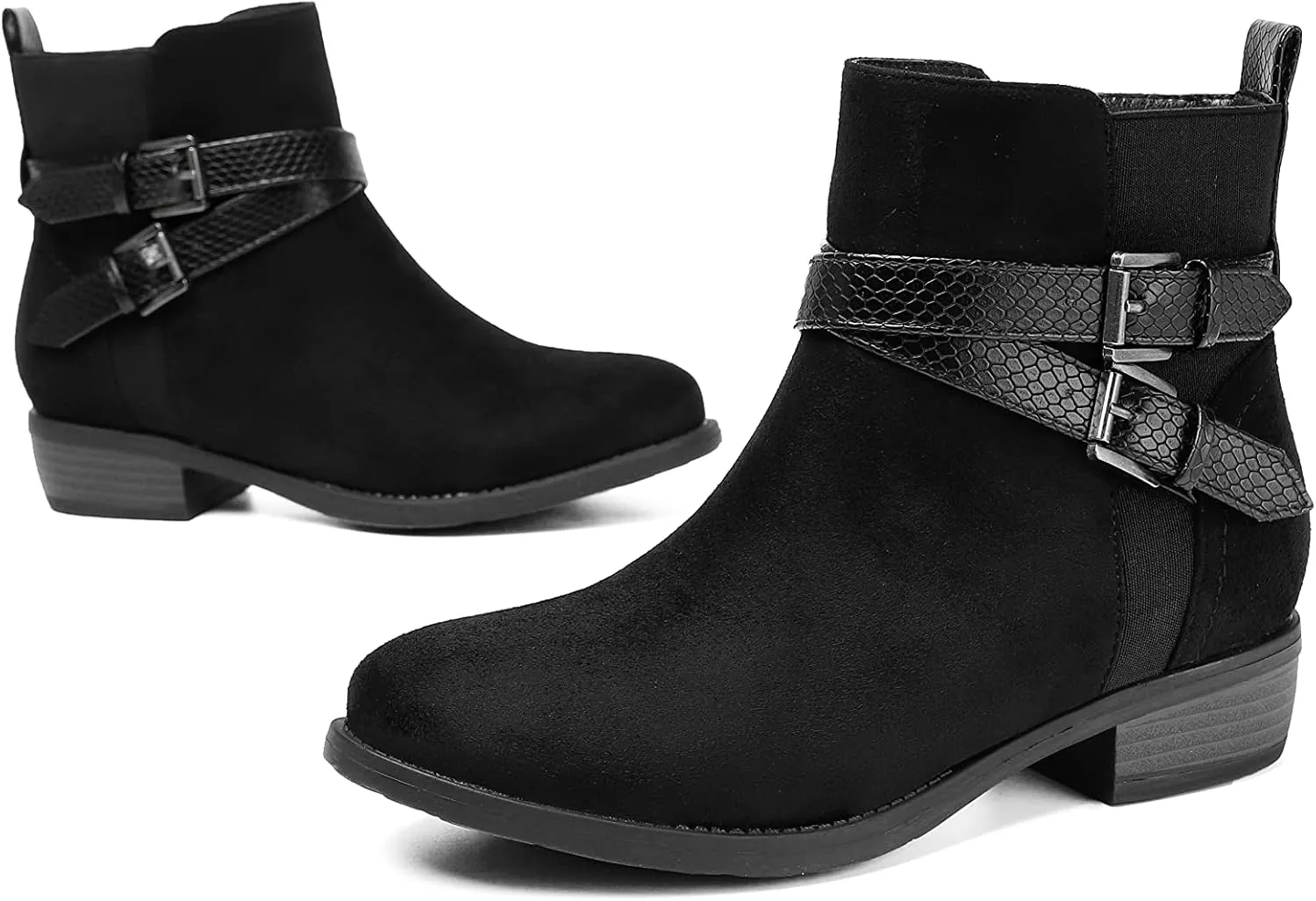 VJH confort Women's Ankle Boots,Round Toe Low Heel Comfort Elastic Booties with Side Zipper Buckle Strap