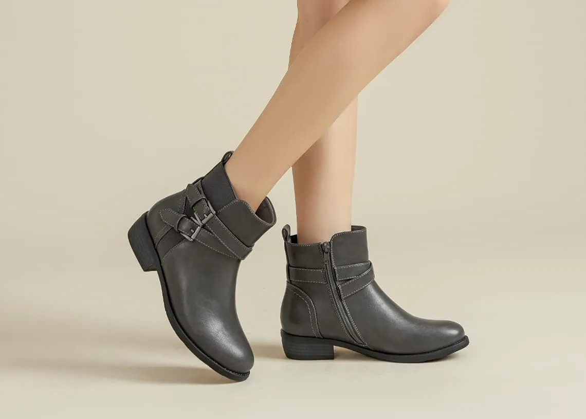 VJH confort Women's Ankle Boots,Round Toe Low Heel Comfort Elastic Booties with Side Zipper Buckle Strap