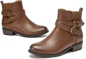 VJH confort Women's Ankle Boots,Round Toe Low Heel Comfort Elastic Booties with Side Zipper Buckle Strap
