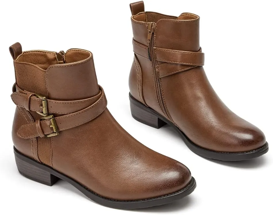 VJH confort Women's Ankle Boots,Round Toe Low Heel Comfort Elastic Booties with Side Zipper Buckle Strap