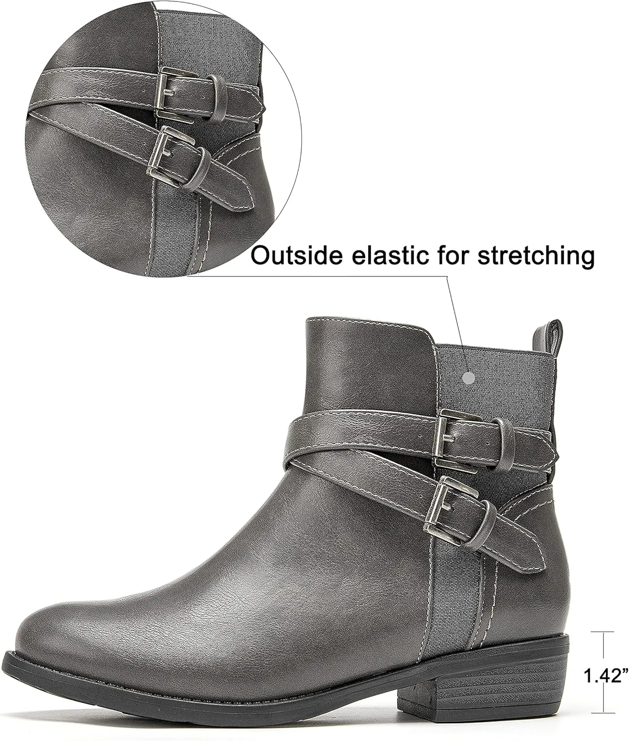 VJH confort Women's Ankle Boots,Round Toe Low Heel Comfort Elastic Booties with Side Zipper Buckle Strap