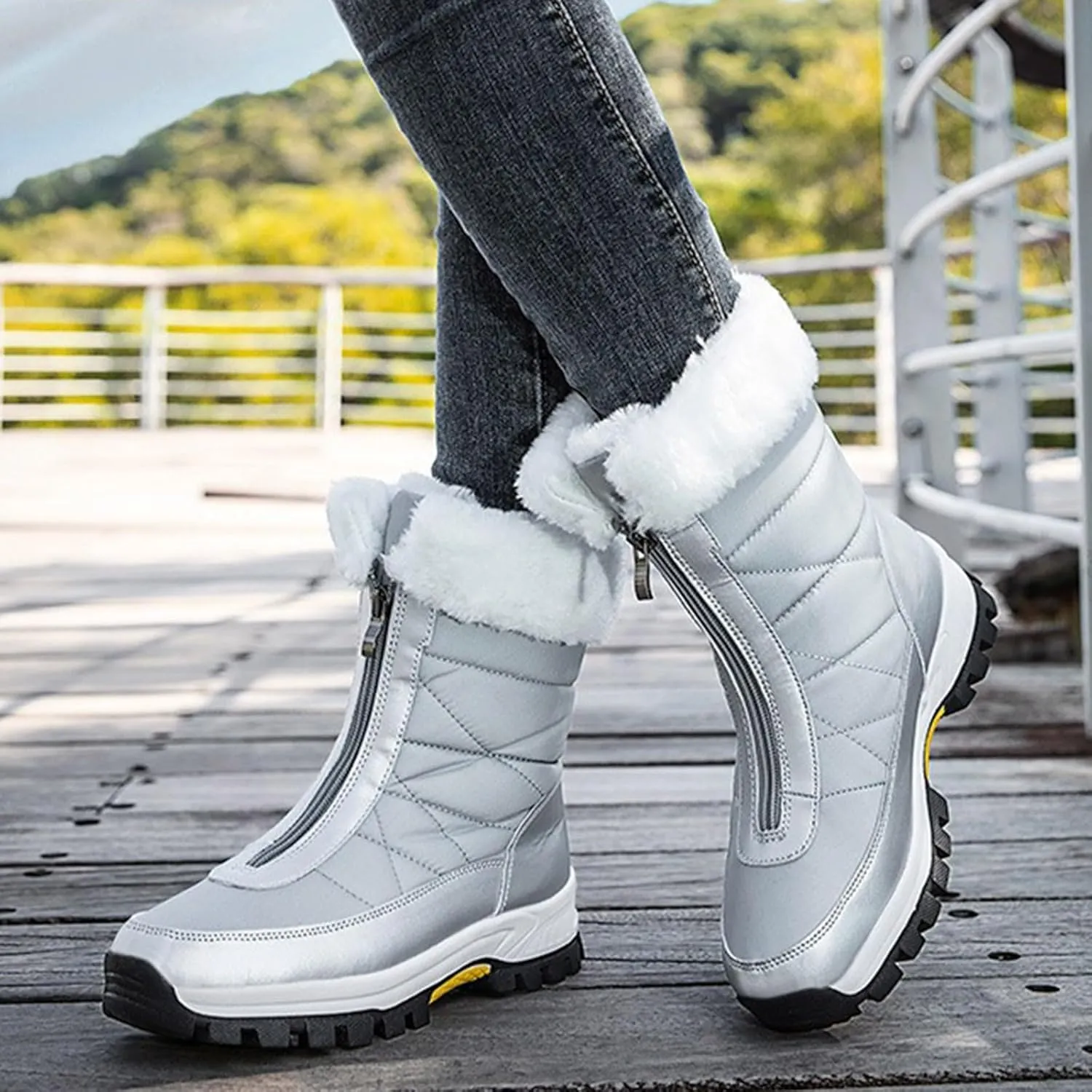 Winter Boots for Women Waterproof Warm Fur Lined Zipper Hiking Winter Snow Boots Outdoor Waterproof Slip on Boots