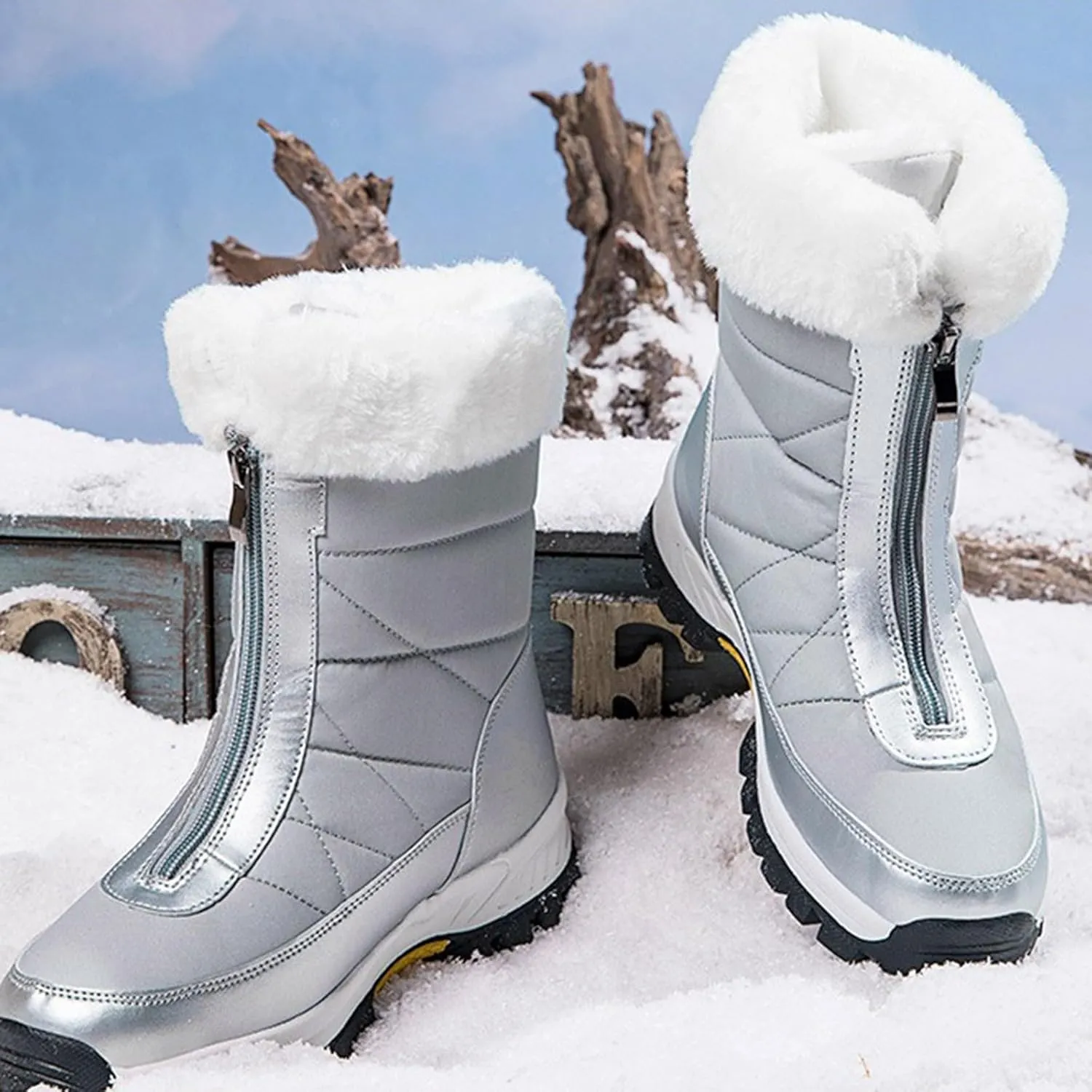 Winter Boots for Women Waterproof Warm Fur Lined Zipper Hiking Winter Snow Boots Outdoor Waterproof Slip on Boots