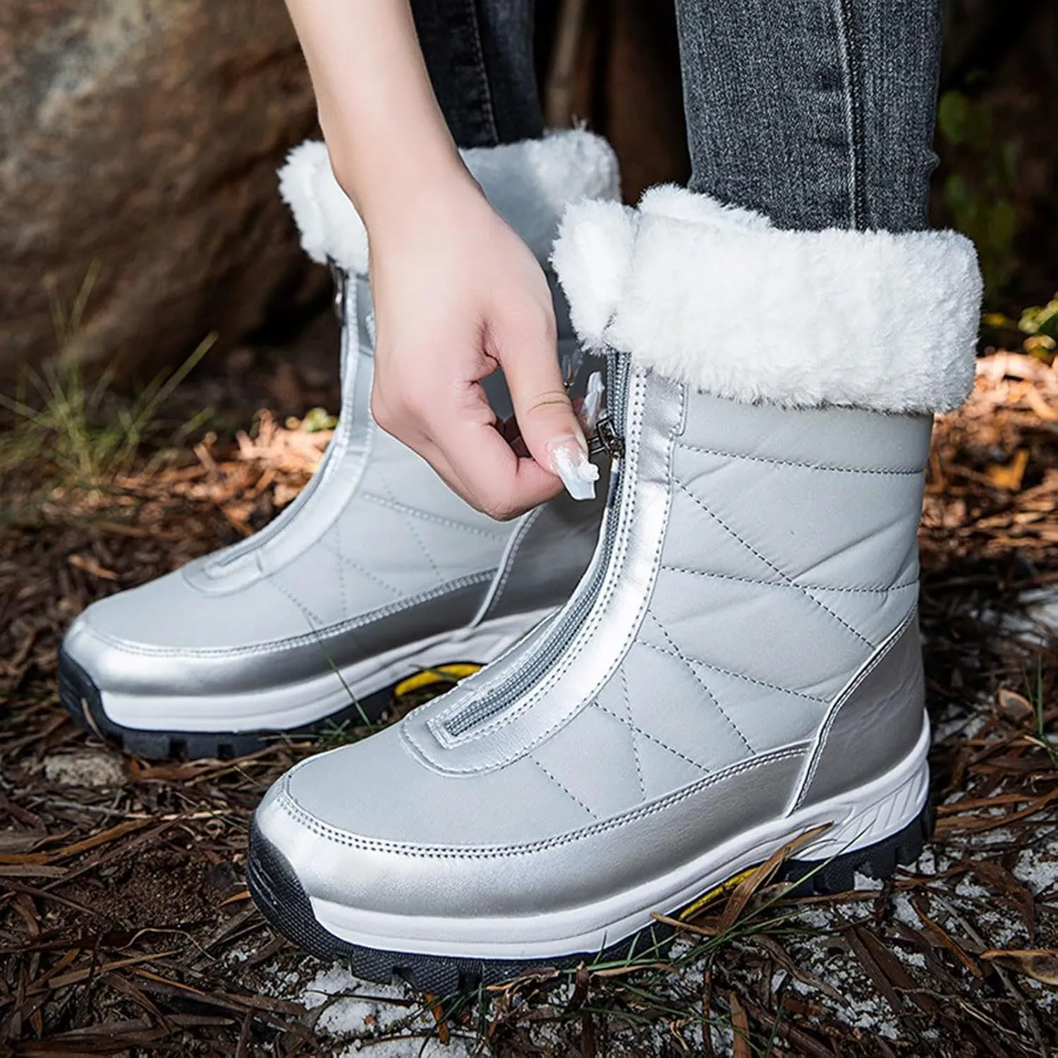 Winter Boots for Women Waterproof Warm Fur Lined Zipper Hiking Winter Snow Boots Outdoor Waterproof Slip on Boots
