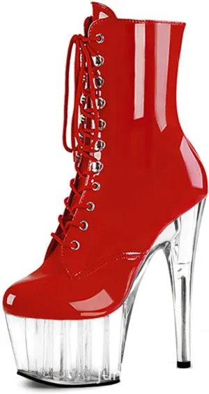 WOilERQ Sexy Crystal Platform Booties for Women Stiletto Crystal Heel Round Toe Mid Calf Boot Sexy Pole Dancing Stripper Club Heeled Dress Shoes Patent Leather 6.7"