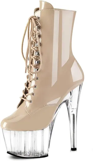 WOilERQ Sexy Crystal Platform Booties for Women Stiletto Crystal Heel Round Toe Mid Calf Boot Sexy Pole Dancing Stripper Club Heeled Dress Shoes Patent Leather 6.7"