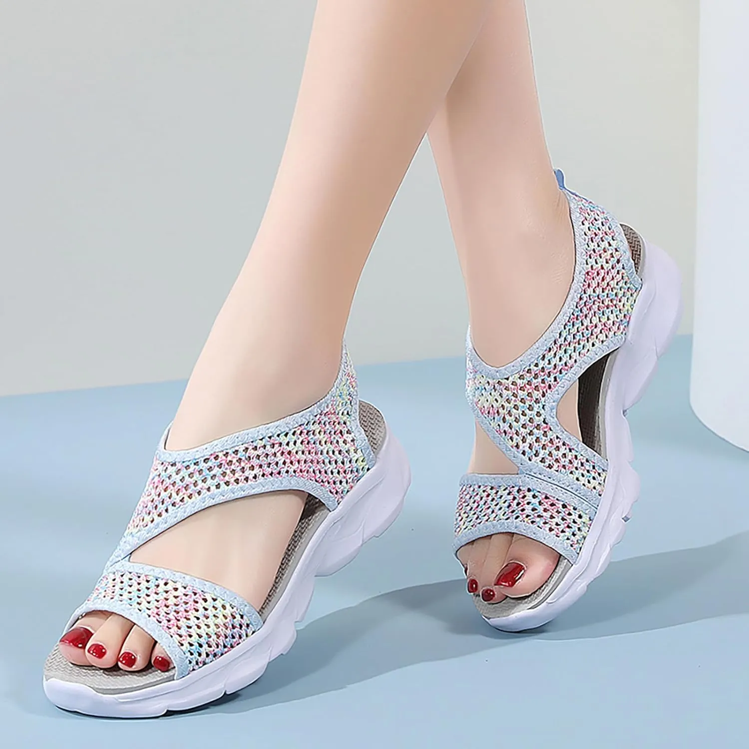 Women Comfortable Wide Width Sandals with Arch Support Non Slip Sports Sandals with Brerathable Mesh Knit Summer Comfortable Orthopedic Shoes Open Toe Slip on Cushion Flat Walking Sandal for Women