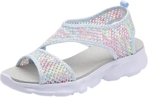Women Comfortable Wide Width Sandals with Arch Support Non Slip Sports Sandals with Brerathable Mesh Knit Summer Comfortable Orthopedic Shoes Open Toe Slip on Cushion Flat Walking Sandal for Women