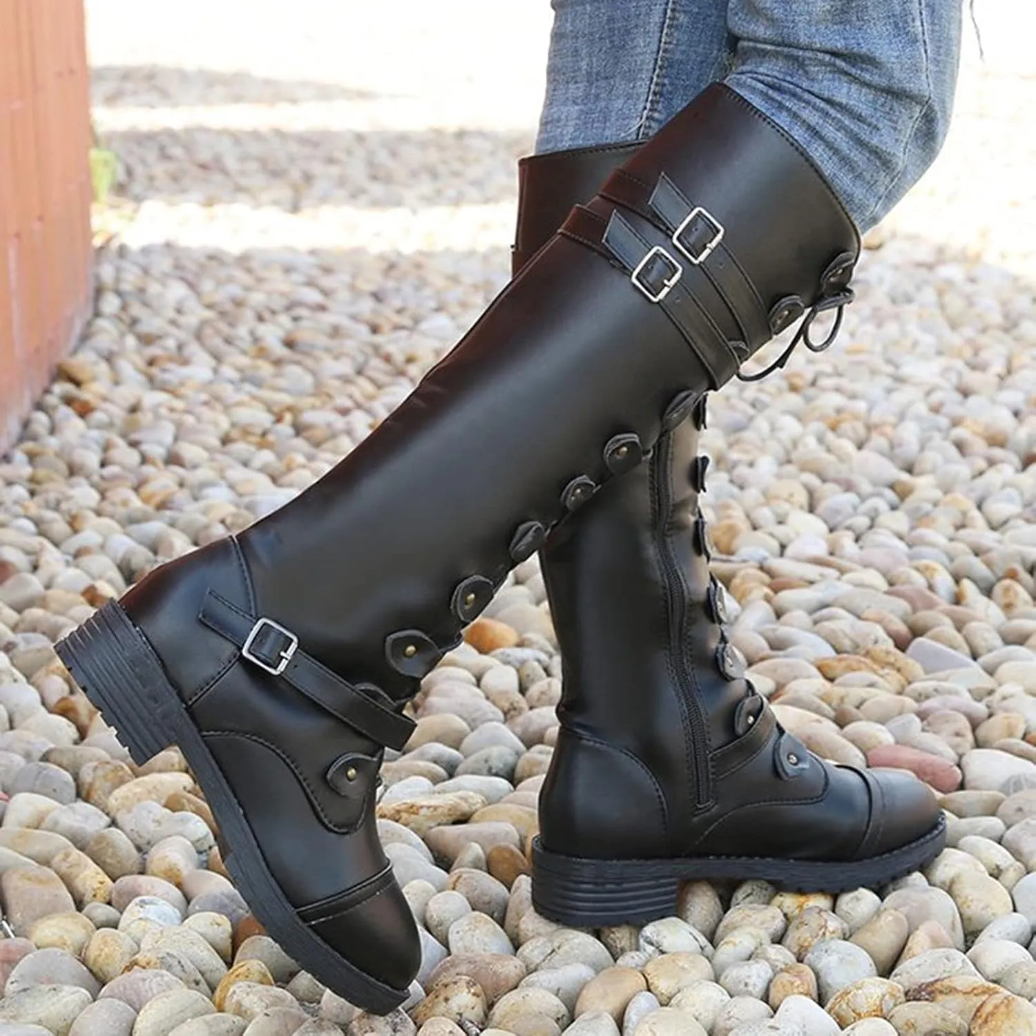 Women Knee High Combat Boots Chunky Heel Boots for Women Fashionable Thigh High Lace up Over the Knee Military Boots