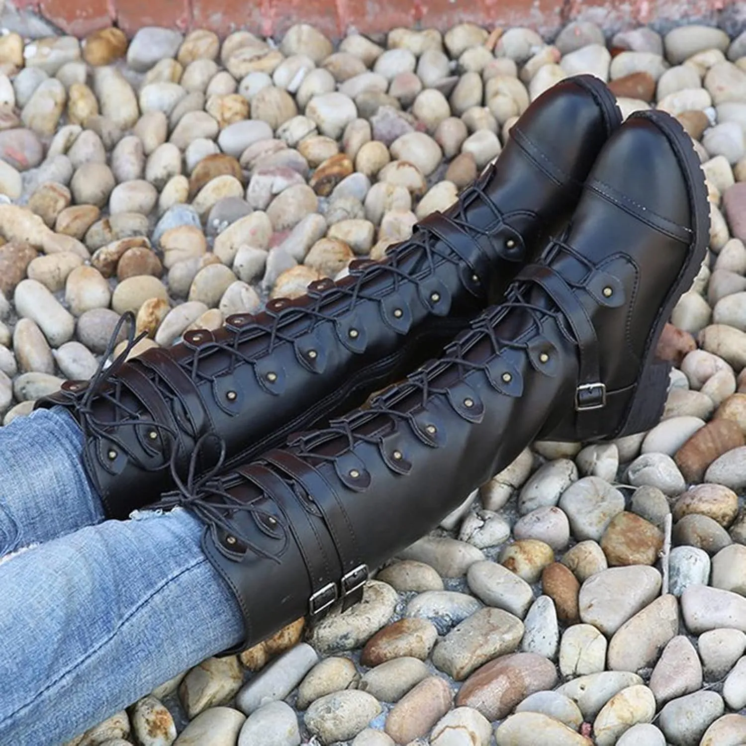Women Knee High Combat Boots Chunky Heel Boots for Women Fashionable Thigh High Lace up Over the Knee Military Boots