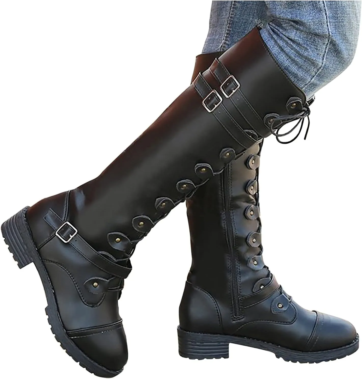 Women Knee High Combat Boots Chunky Heel Boots for Women Fashionable Thigh High Lace up Over the Knee Military Boots