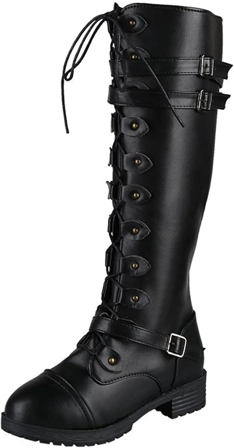 Women Knee High Combat Boots Chunky Heel Boots for Women Fashionable Thigh High Lace up Over the Knee Military Boots