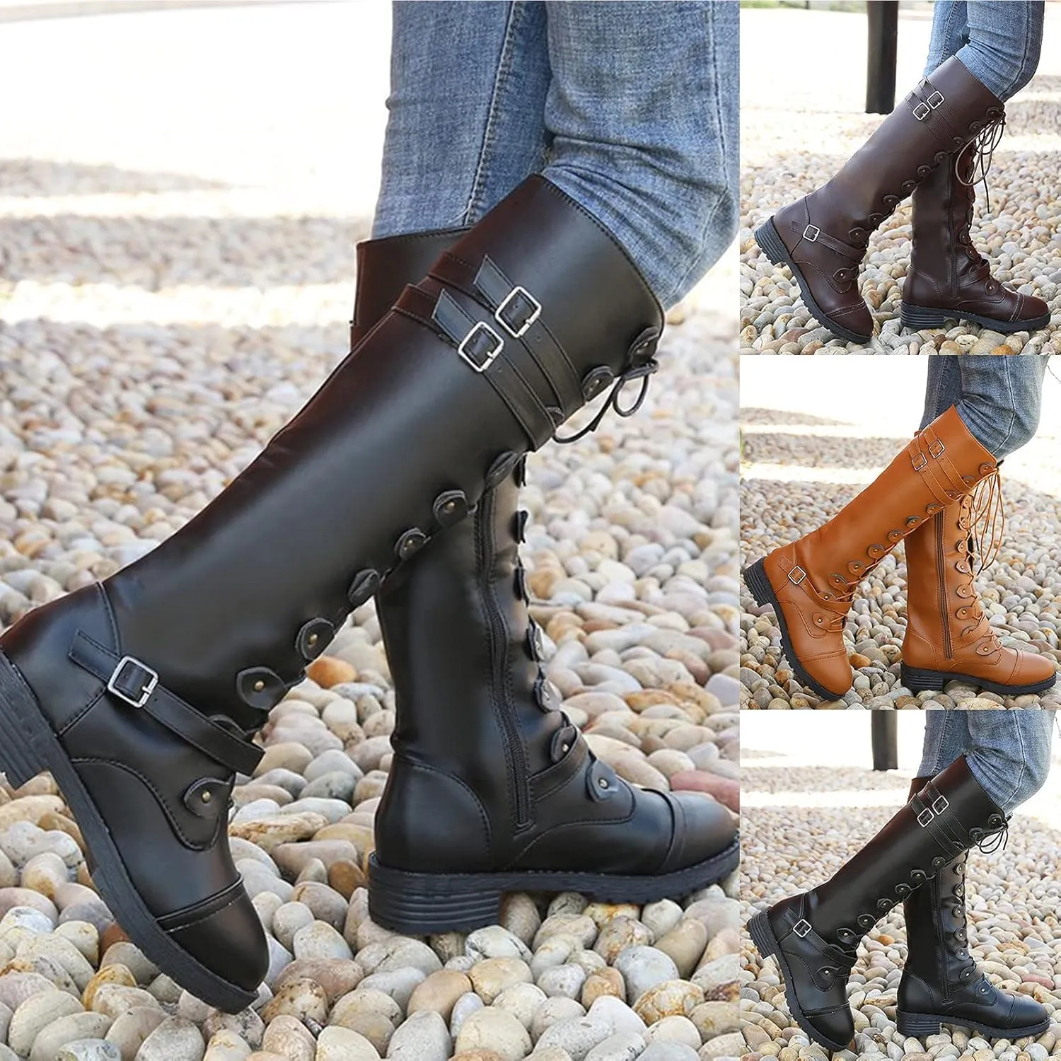 Women Knee High Combat Boots Chunky Heel Boots for Women Fashionable Thigh High Lace up Over the Knee Military Boots