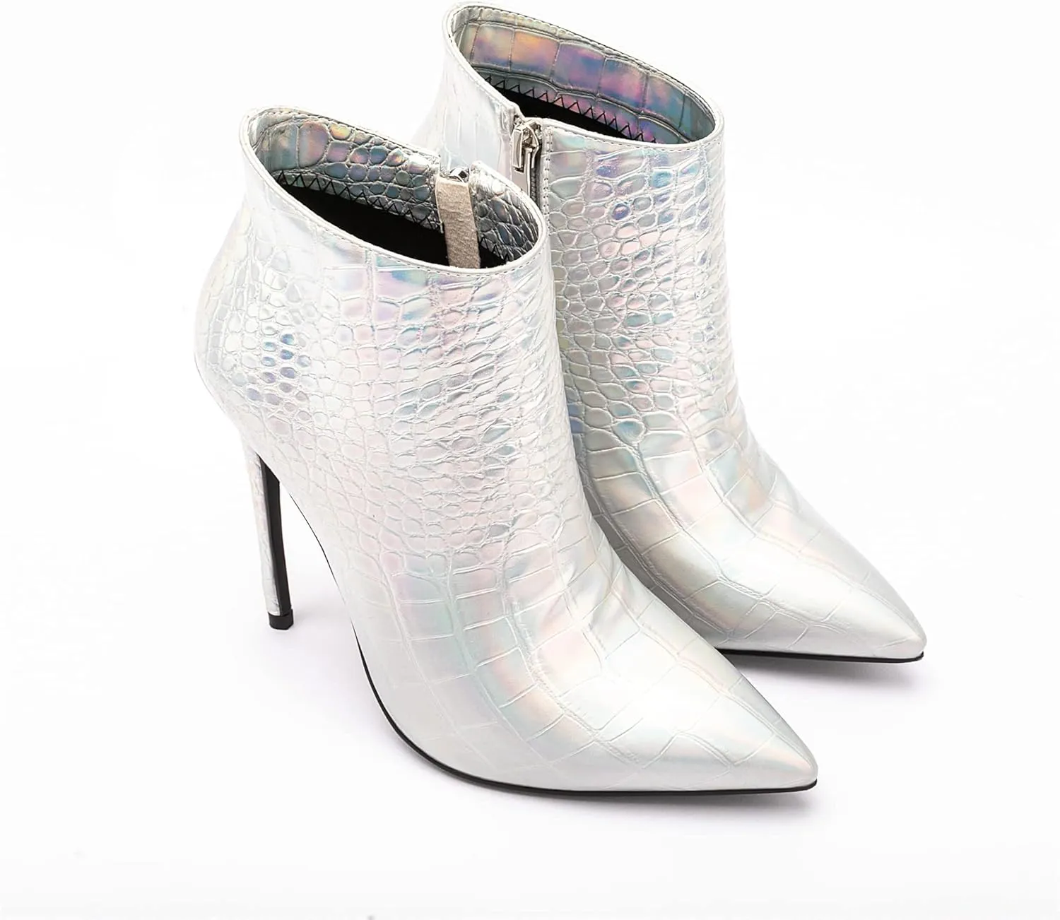 Women Vintage Pointed Toe High Heel Ankle Booties Metal Mirror Vegan Leather Stiletto Side Zip Boots