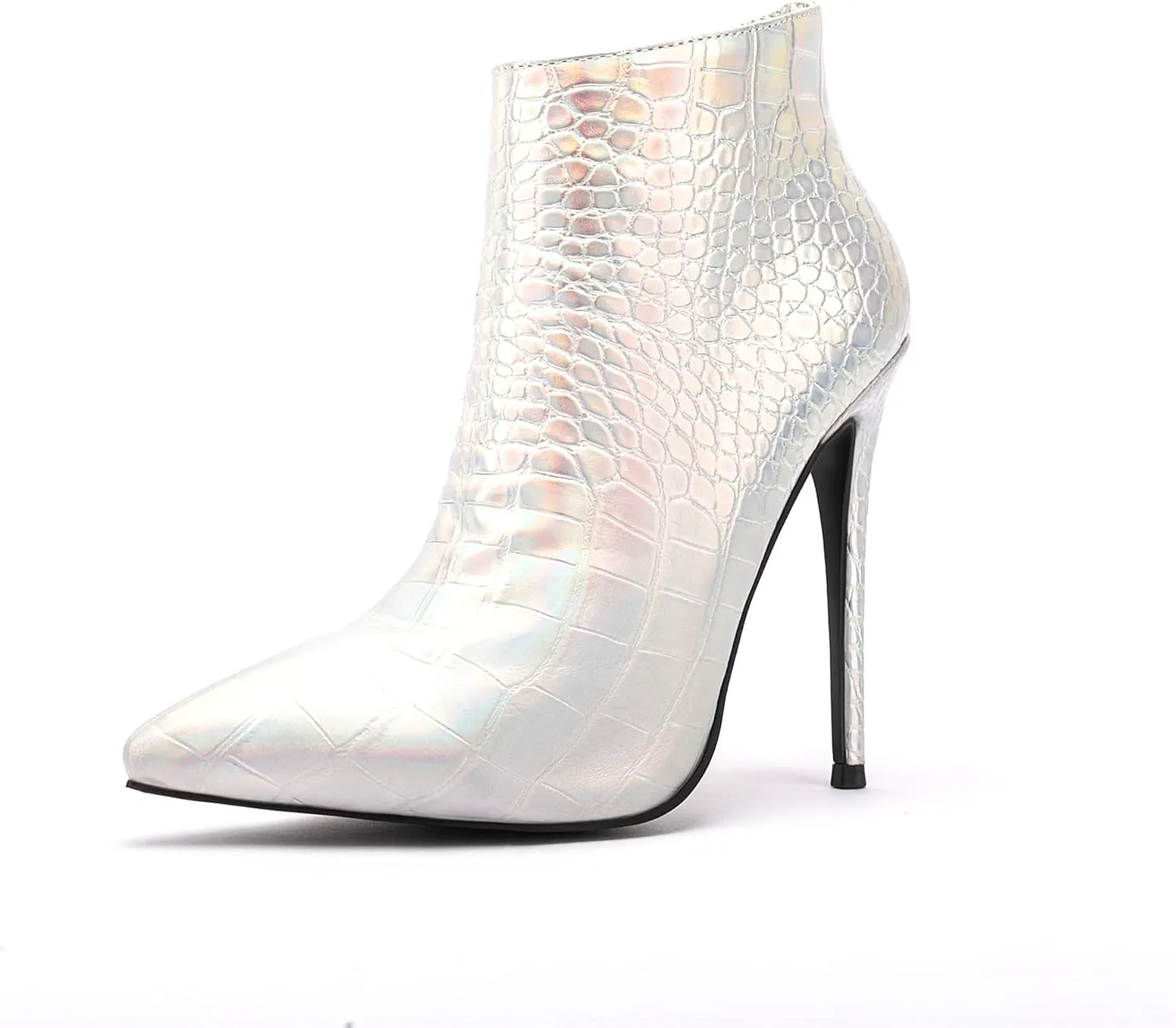 Women Vintage Pointed Toe High Heel Ankle Booties Metal Mirror Vegan Leather Stiletto Side Zip Boots