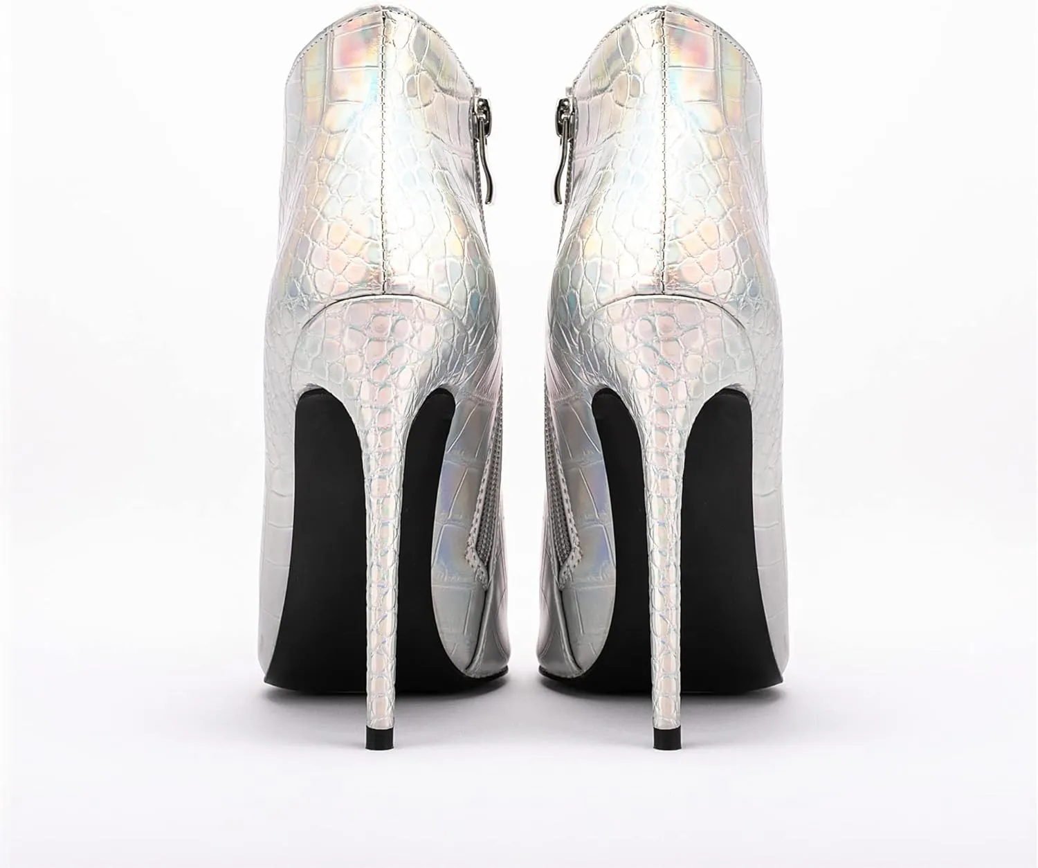 Women Vintage Pointed Toe High Heel Ankle Booties Metal Mirror Vegan Leather Stiletto Side Zip Boots