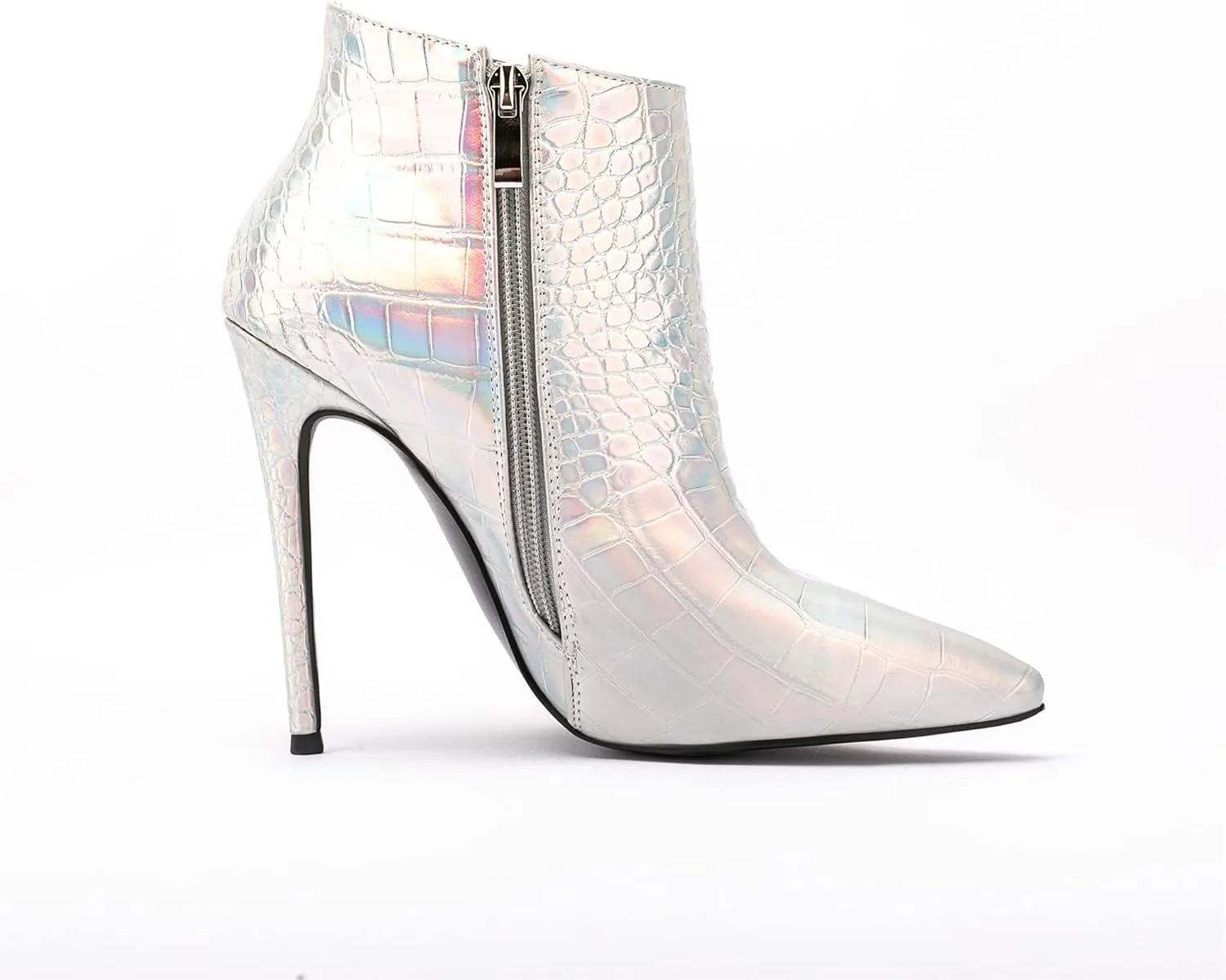 Women Vintage Pointed Toe High Heel Ankle Booties Metal Mirror Vegan Leather Stiletto Side Zip Boots