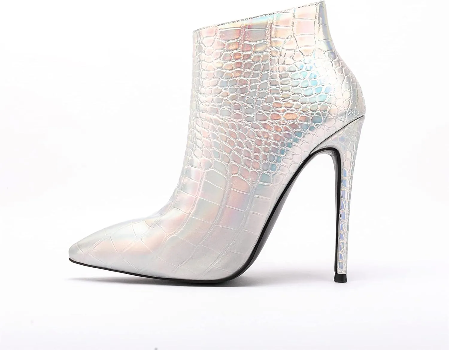 Women Vintage Pointed Toe High Heel Ankle Booties Metal Mirror Vegan Leather Stiletto Side Zip Boots
