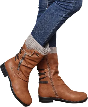 Womens Dress Bo_ots Low He_el Comfortable Combat bo_oties Mid-Calf Ankle Military Sh_OES Side Zipper Riding Biker bo_oties