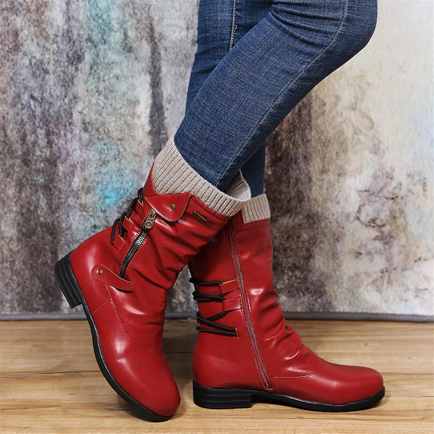 Womens Dress Bo_ots Low He_el Comfortable Combat bo_oties Mid-Calf Ankle Military Sh_OES Side Zipper Riding Biker bo_oties