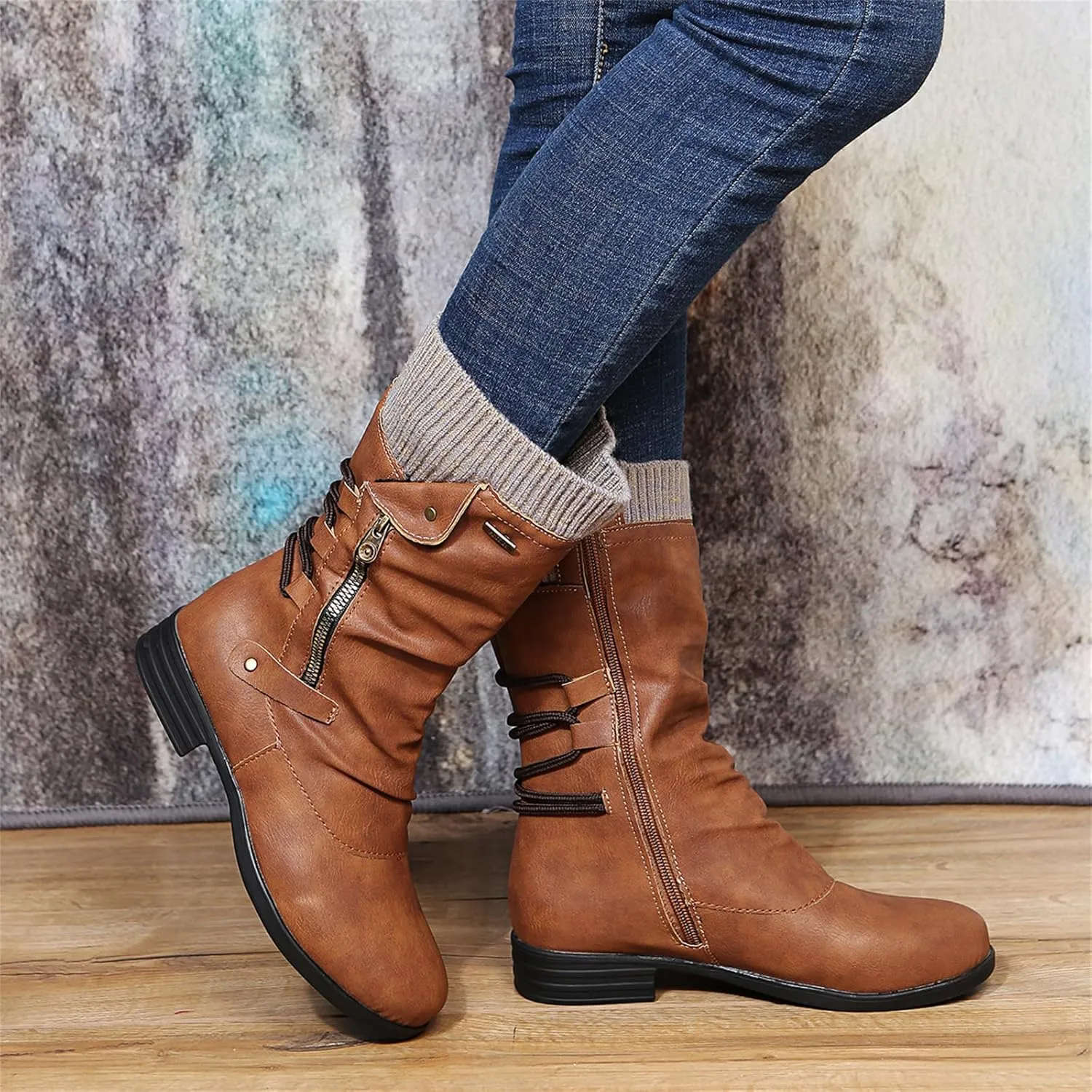Womens Dress Bo_ots Low He_el Comfortable Combat bo_oties Mid-Calf Ankle Military Sh_OES Side Zipper Riding Biker bo_oties