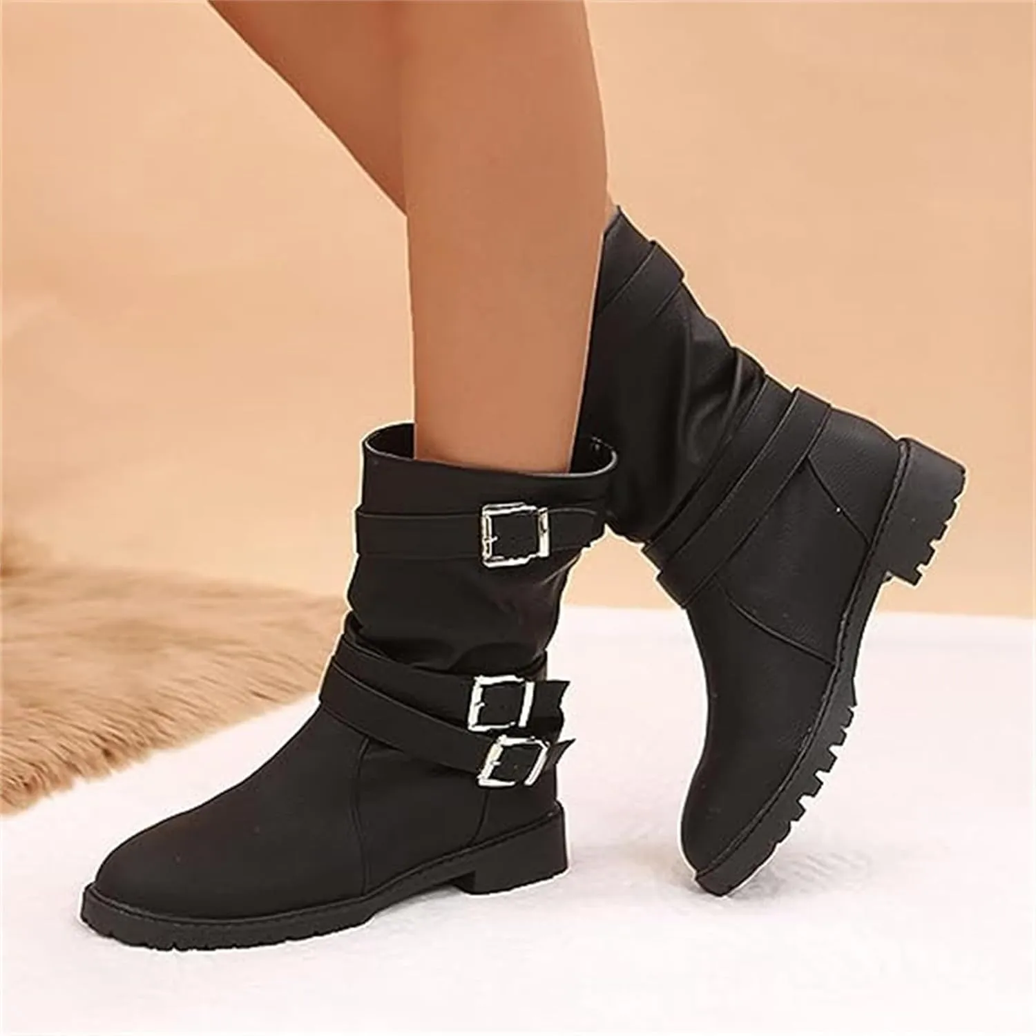 Womens Dress Bo_ots Low He_el Comfortable Mid_Calf Riding Winter bo_ots Motorcycle Combat Military Biker Ankle bo_oties