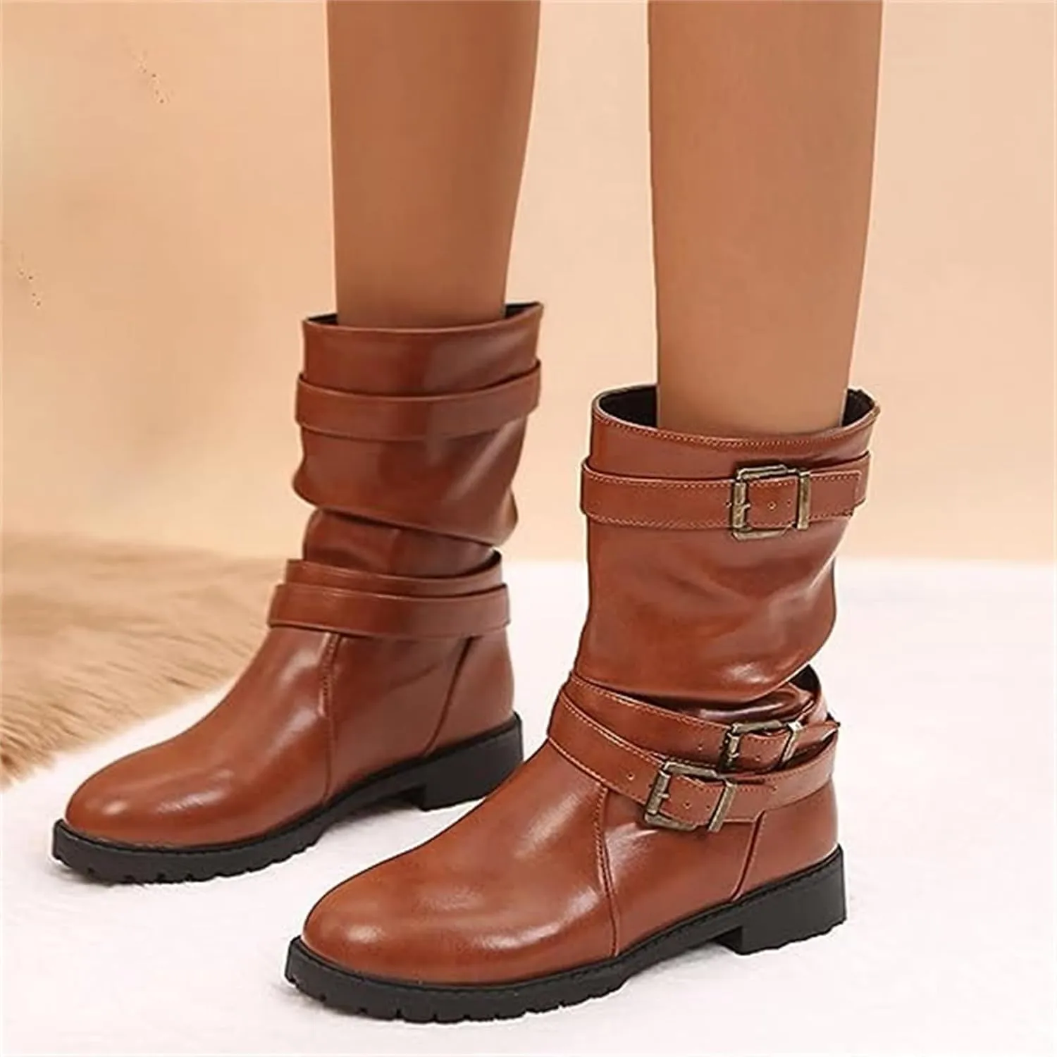 Womens Dress Bo_ots Low He_el Comfortable Mid_Calf Riding Winter bo_ots Motorcycle Combat Military Biker Ankle bo_oties