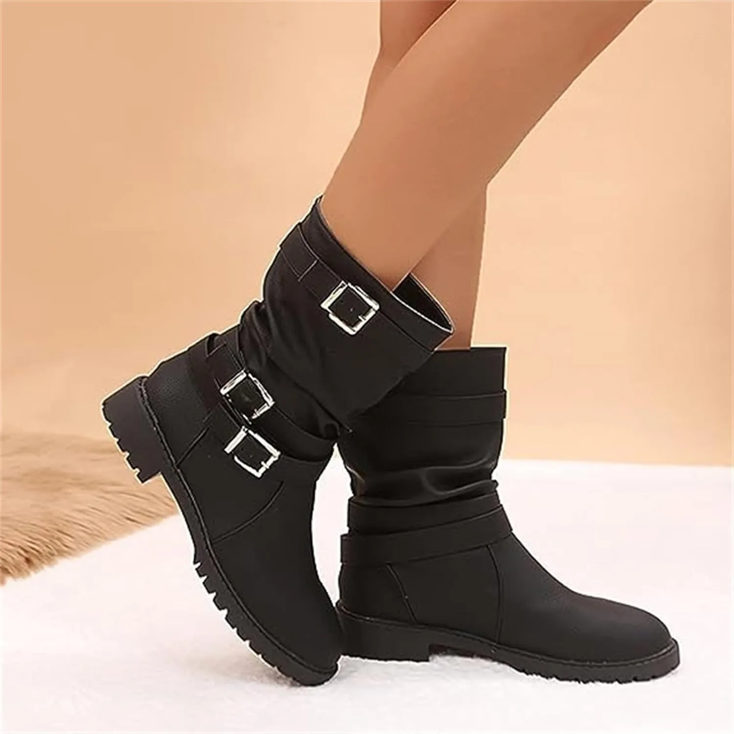 Womens Dress Bo_ots Low He_el Comfortable Mid_Calf Riding Winter bo_ots Motorcycle Combat Military Biker Ankle bo_oties