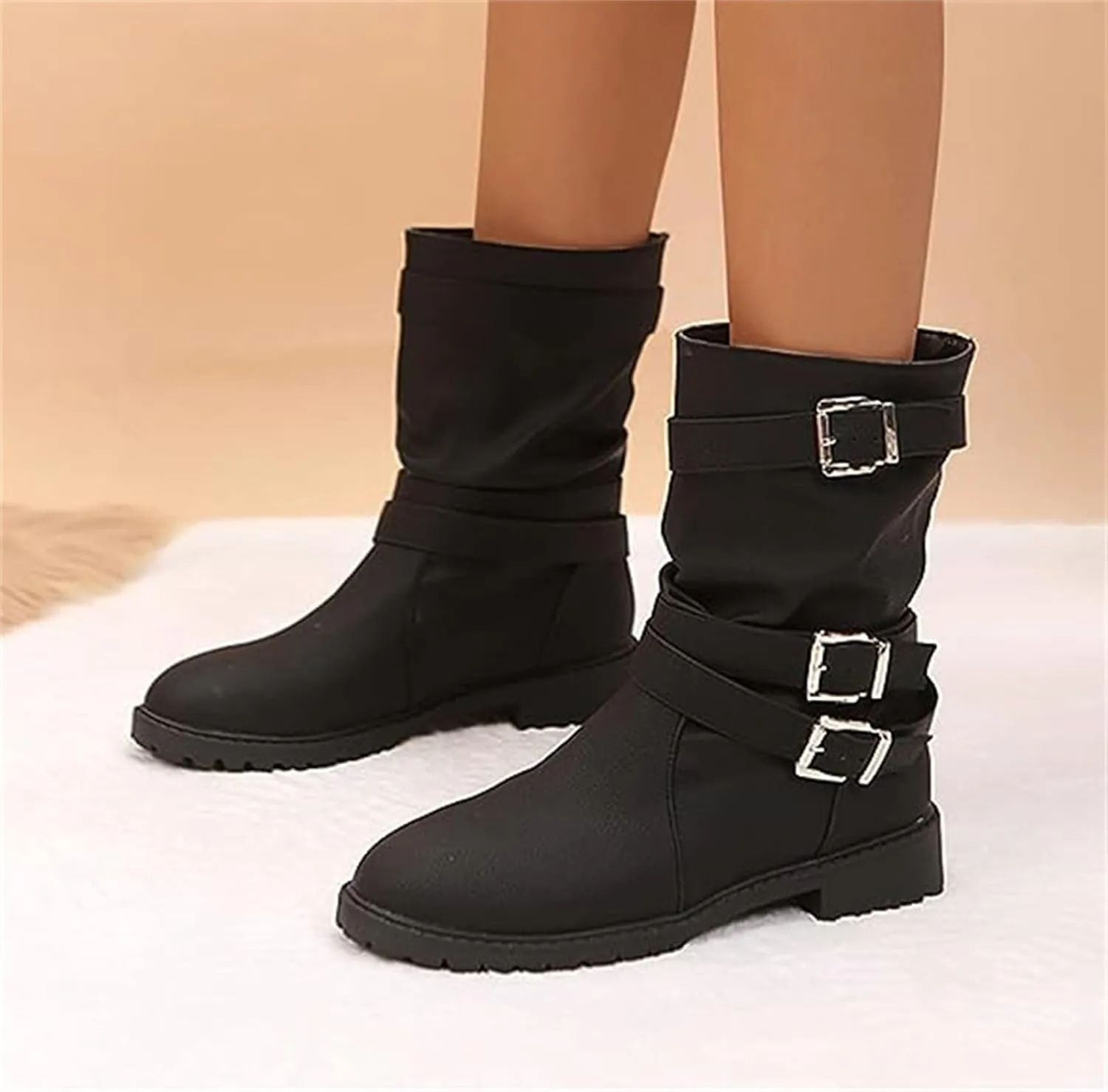 Womens Dress Bo_ots Low He_el Comfortable Mid_Calf Riding Winter bo_ots Motorcycle Combat Military Biker Ankle bo_oties