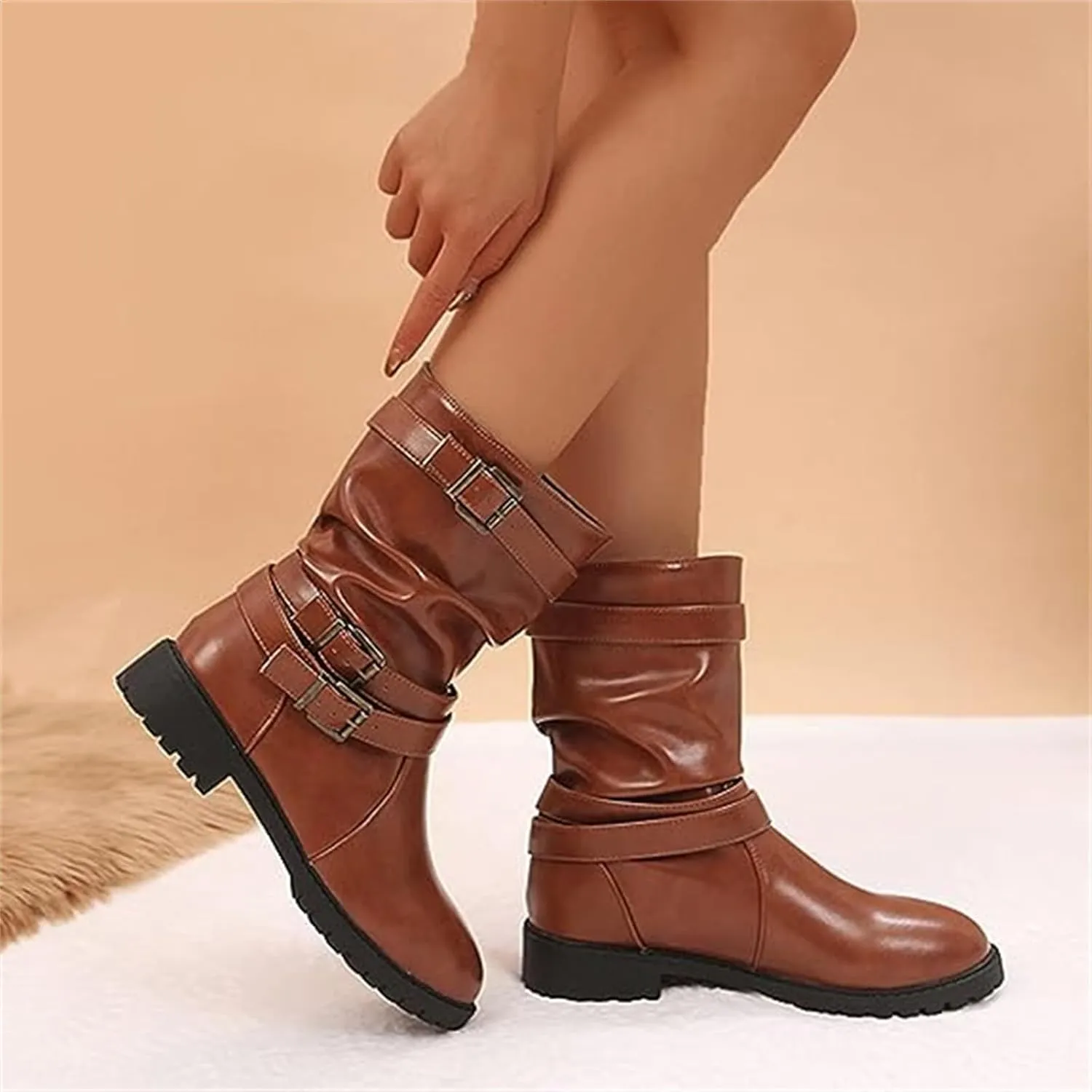 Womens Dress Bo_ots Low He_el Comfortable Mid_Calf Riding Winter bo_ots Motorcycle Combat Military Biker Ankle bo_oties
