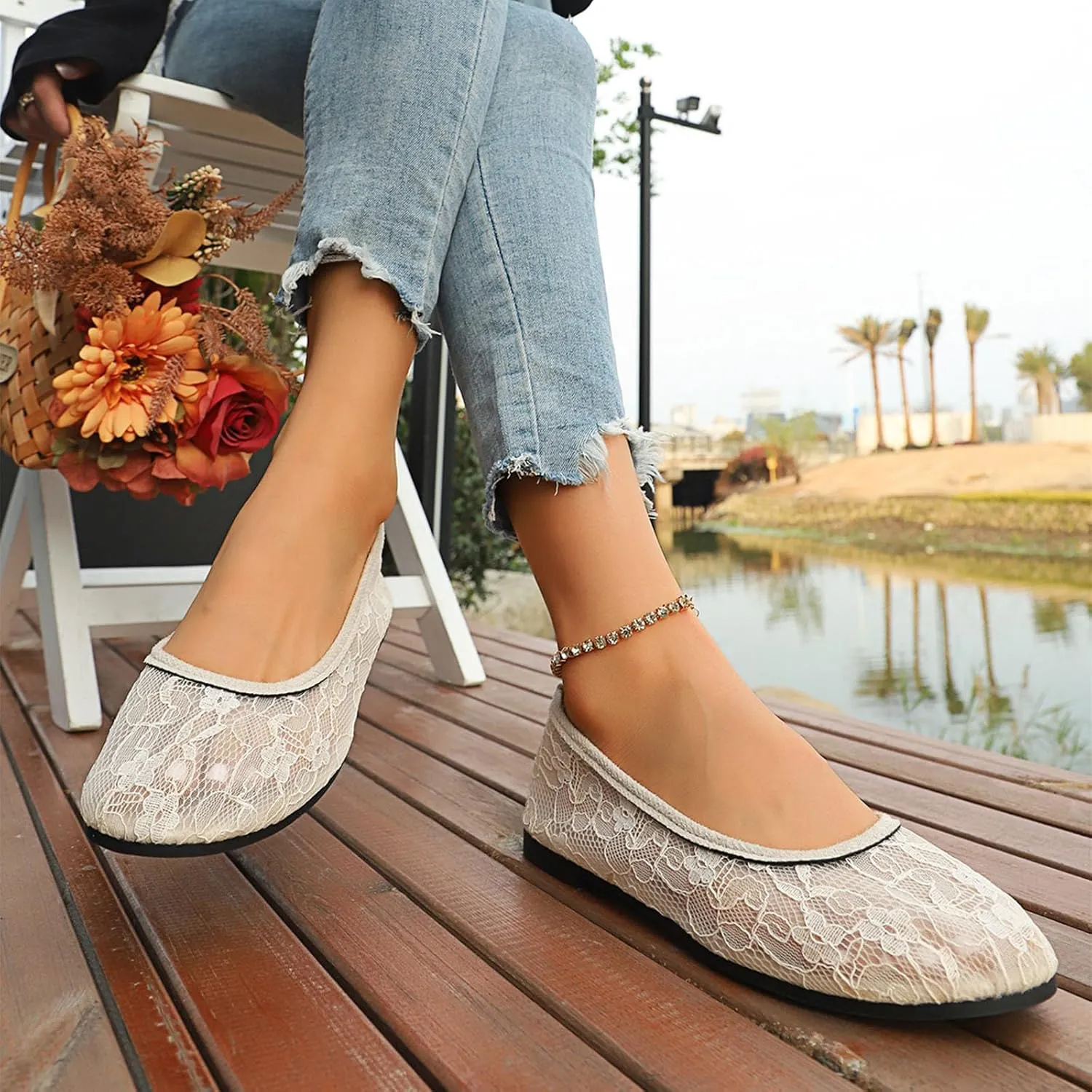 Womens Flats Cut Out Round Toe Slip On Floral Ballet Flat Comfortable Breathable Lace Flats Dressy Daily Walking Shoes
