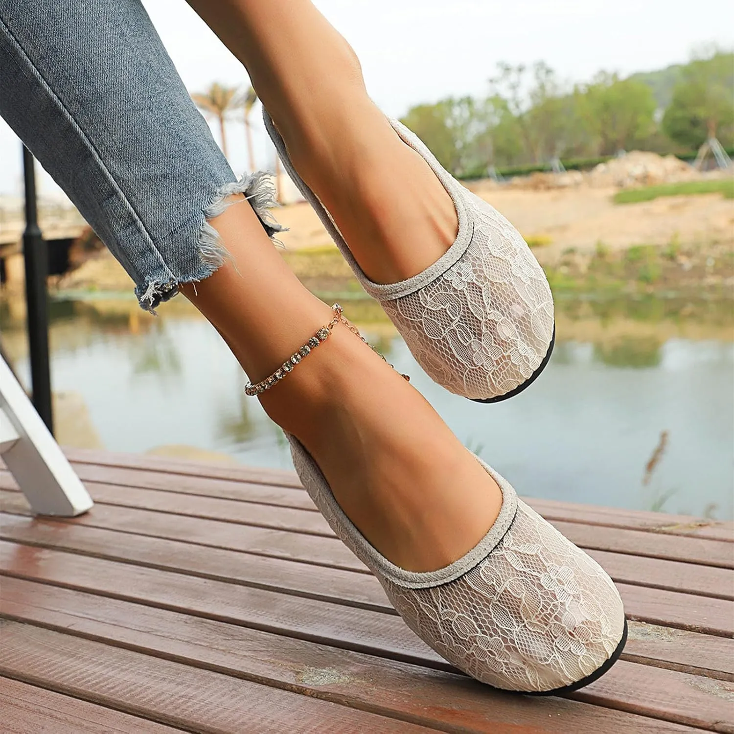 Womens Flats Cut Out Round Toe Slip On Floral Ballet Flat Comfortable Breathable Lace Flats Dressy Daily Walking Shoes