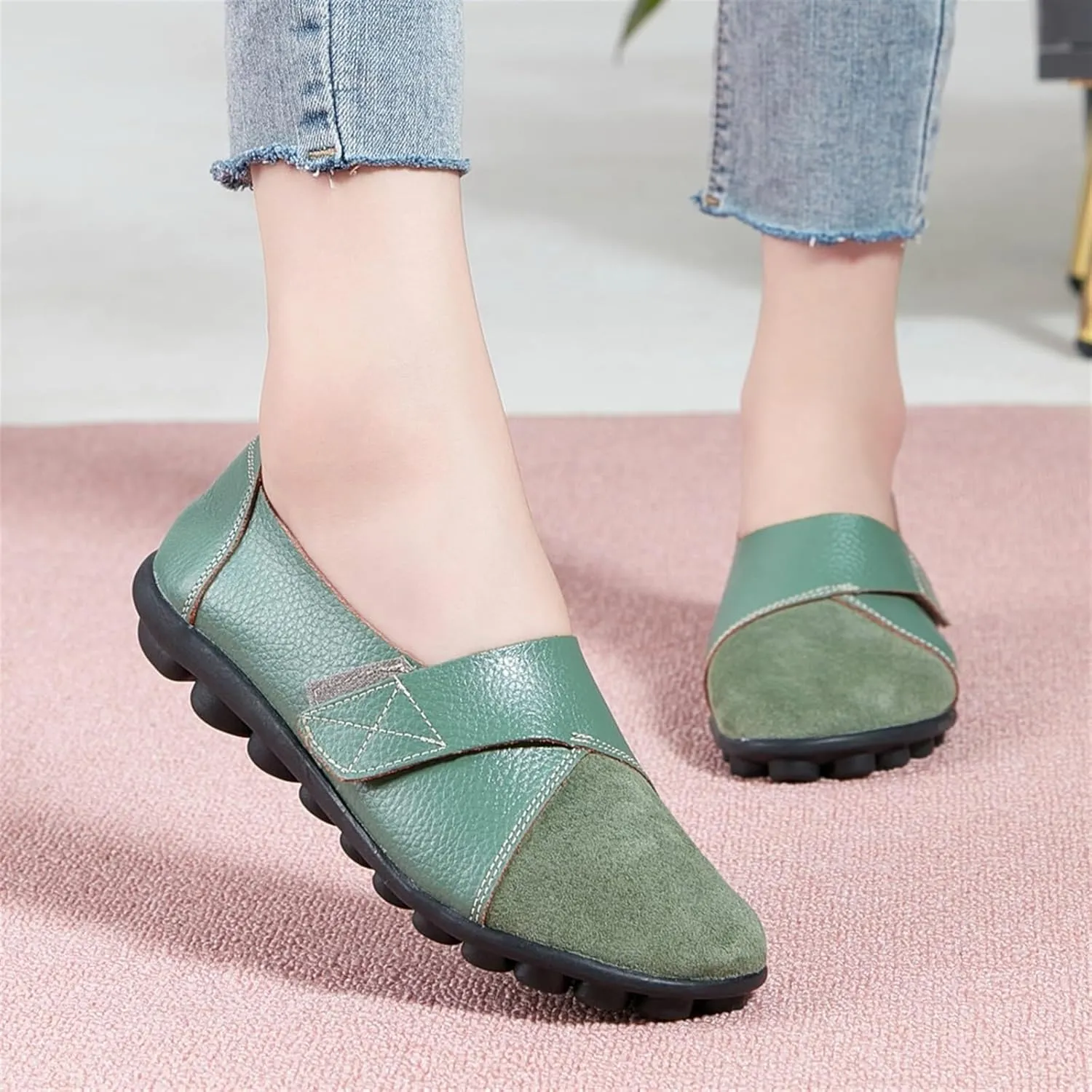 Women's Hook and Loop Loafers Suede Slip on Driving Walking Flat Sandals, Outdoor Versatile Round Toe Orthopedic Moccasins for Daily