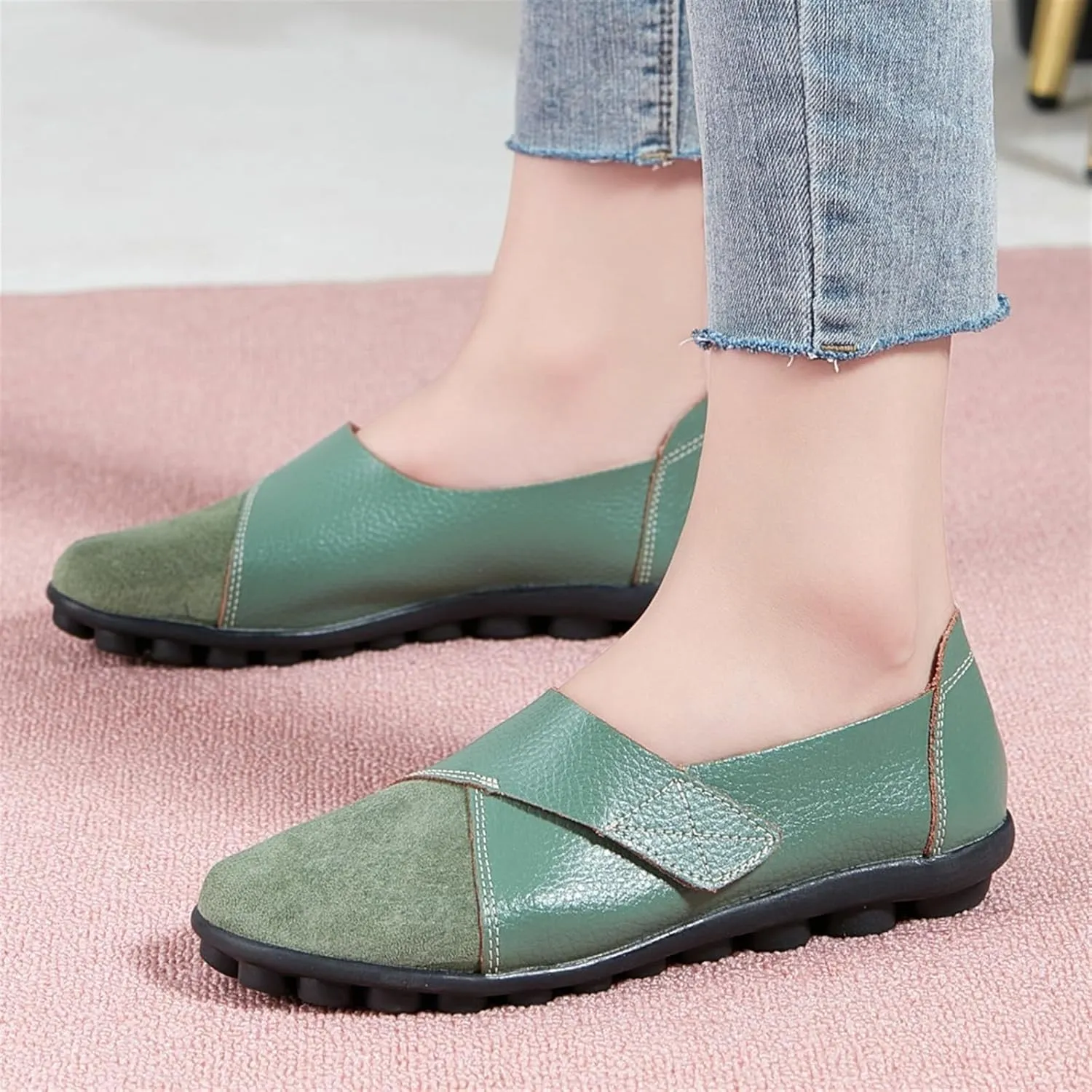 Women's Hook and Loop Loafers Suede Slip on Driving Walking Flat Sandals, Outdoor Versatile Round Toe Orthopedic Moccasins for Daily